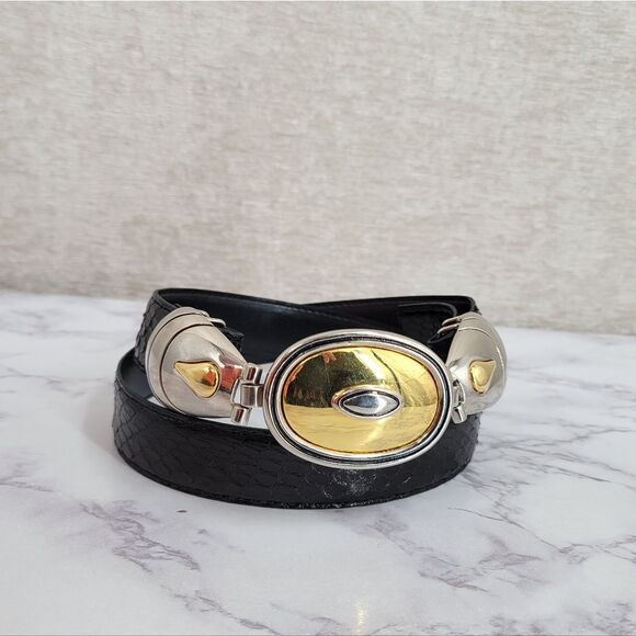 Vintage Black Snakeskin Leather Belt with Silver and Gold Toned Buckle